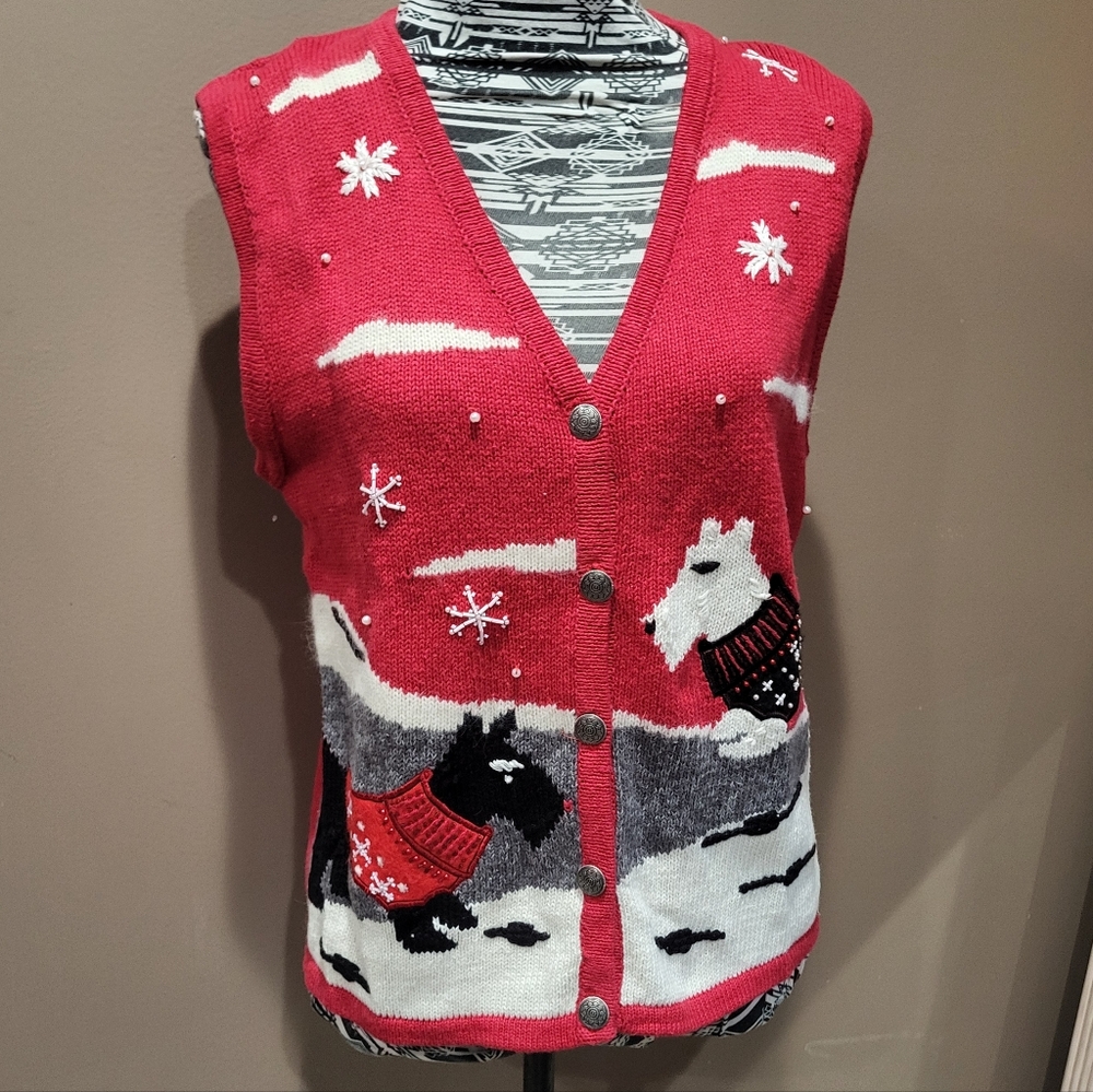 Vintage Bobbie Brooks Embroidered Christmas Scotty Dog Sweater Vest